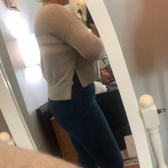 100% Cashmere Cropped Sweater Gray Grey White Stripe Crewneck 360 Cashmere - Picture 9 of 9